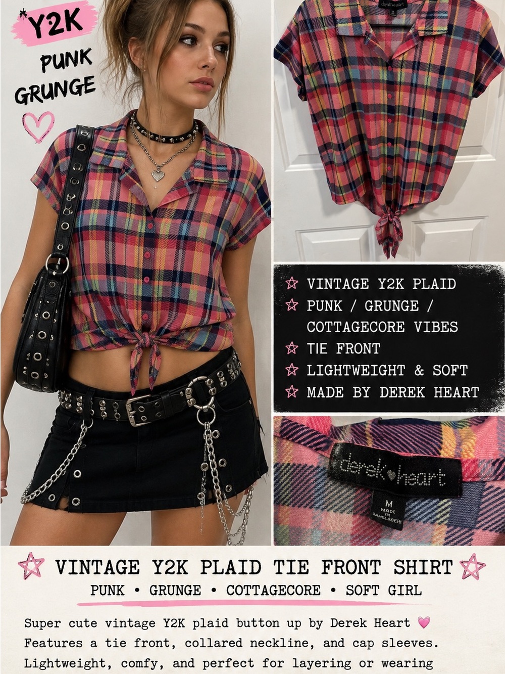 Derek Heart Pink Plaid Tie-Front Button Down Shirt